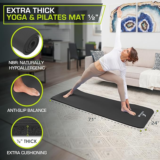 ProsourceFit Extra Thick Yoga and Pilates Mat 1/2” (13mm) or 1" (25mm), 71-inch Long High Density Exercise Mat with Comfort Foam and Carrying Strap
