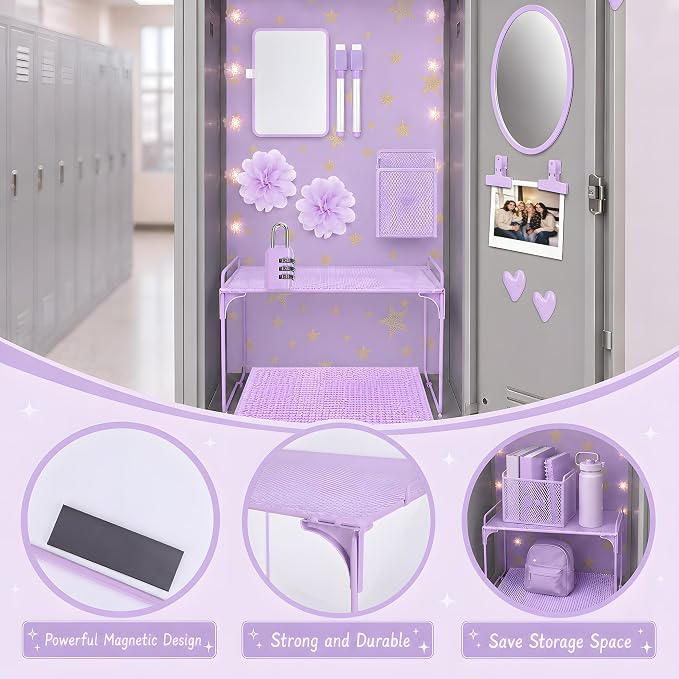 16 PCS Locker Accessories for Girls Magnetic Locker Decorations Kit with Shelf Mirror Whiteboard Pen Holder Rug Wallpaper Lights Locker Organizer Set for School Dorm Room Office Gym (Purple)