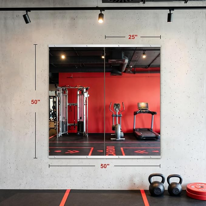 Home Gym Mirror for Wall, 50"x25"-2PCS Frameless Tempered Glass Mirror | Large Full Length Mirror for Garage, Workout, Yoga Room, Dance Studio & Home Exercise