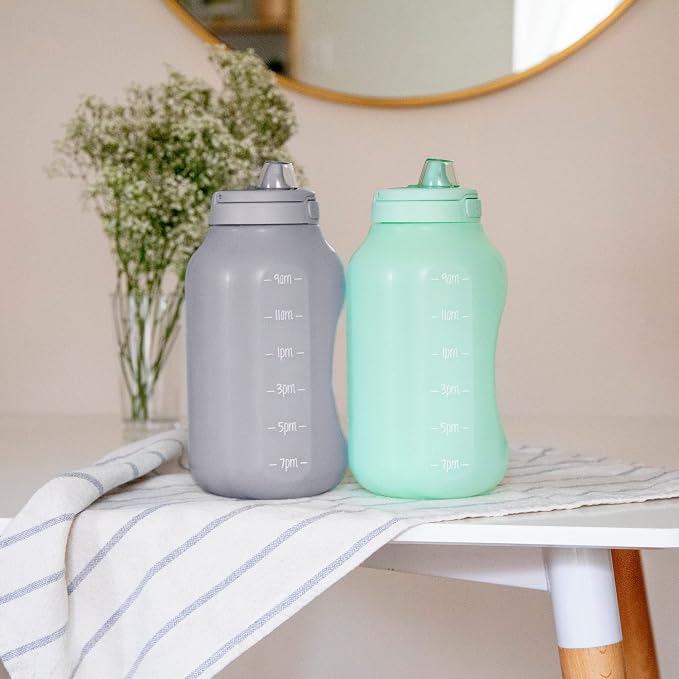 Ello Hydra 64oz BPA-Free Plastic Water Jug with Time Markers, Grey | Large plastic water bottle jug for all day hydration with time markers, carry loop, straw, leakproof lid, and BPA-free
