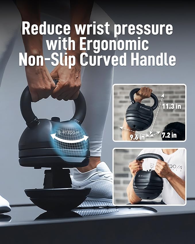 BYZOOM FITNESS Pure Series Adjustable Kettlebell 30/40/50LB - 5-IN-1 Weight Change, Patented Quick-Change Machenism, Ergonomic Curved Handle for Home Gym, Strength Training, HIIT, White OR Black