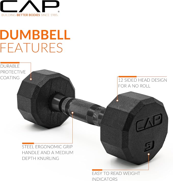 CAP Rubber Coated Dumbbell Weights, Free Weights for Home Gym Strength Training, Anti-Roll Hex Dumbbells with Black, Chrome & Comfort Grip Handles, Pairs & Sets