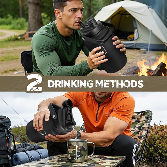 NATURE PIONEOR 128oz/1 Gallon Tactical Water Bottle with MOLLE Bottle Pouch | 18/8 Food-grade Stainless Steel, Double Vacuum Insulation, Wide-Mouth, Straw & Spout Lid, Strap, Camping, Hiking, Gym, Work