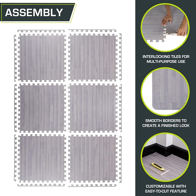 ProsourceFit Wood Grain Puzzle Mat ½-inch, 6 EVA Foam Interlocking Floor Tiles (24 SQ FT) for Secure Indoor Gym Flooring, Office Spaces, Living Rooms, and Play Areas, Slate Grey