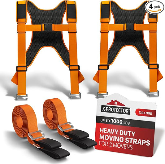 X-Protector Moving Straps - 2 Pairs - Orange Lifting Straps for 2 Movers | Move Furniture Easily and Safely - Perfect for Lifting and Moving Heavy Objects! (with Back Support, Orange)