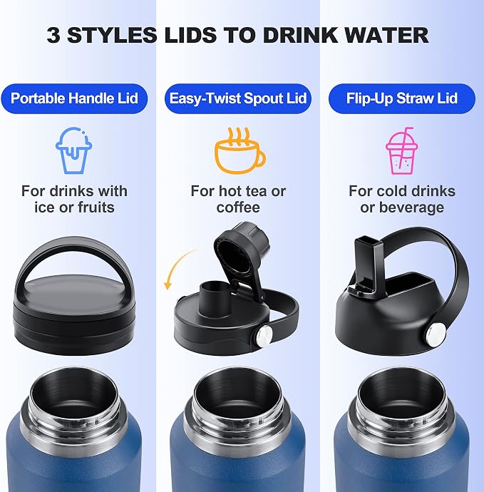 HYDROWION 32oz Water Bottle, Double Wall Vacuum Stainless Steel Insulated Water Flask with Straw Lid, Spout Lid and Flex Cap(Cold for 48 Hrs, Hot for 24 Hrs), Leakproof Travel Thermo Mug, Blue&Black
