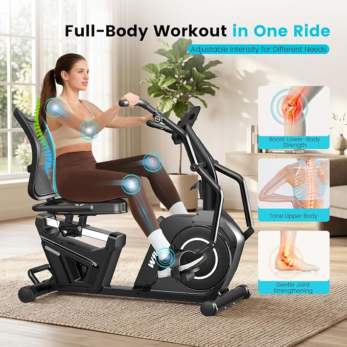 Recumbent Exercise Bikes for Home,Stationary Bike with Arm Exerciser | Smart Bluetooth App, 450LBS Capacity, 16 Level Magnetic Resistance, LCD Monitor, Home Rehab for Seniors Adults