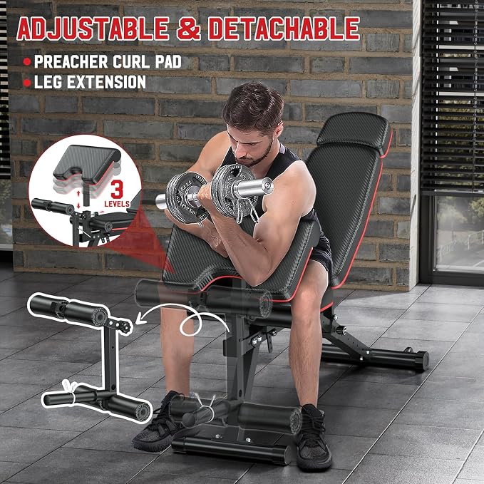 XDDIAS Workout Bench, Adjustable Weight Bench with Leg Extension and Leg Curl, Extended Headrest, 900LBS Preacher Curl Bench Incline Decline Flat Workout Bench for Home Gym Full Body Exercise