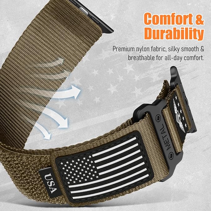 Rugged Nylon for Apple Watch Ultra 2/ Ultra 3 Band Series 11/10/9/8/7/6/5/4/3/SE iWatch Bands Men,Soft Woven Stars-Stripes Flag Wristbands Strap for Apple Watch Ultra 3/2/1 49mm 46mm 45mm 44mm 42mm