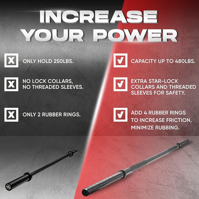 Yes4All Standard Straight Barbell 60" & EZ Curl Bar 47", Capacity 200 to 480 LB, Weight Bar 1" to 2" Diameter - Star Lock Collars, Rubber Ring, Barbell Spins Included for Deadlifts & Squats