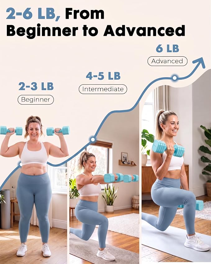 Equipro Hand Weights for Women at Home 6 LBS Adjustable Dumbbell Set of 2, Fast Adjust Dumbbells with TPU Soft Rubber Handle for Home Gym Exercise Training