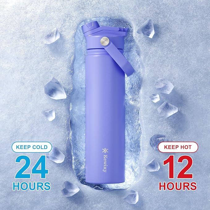 KEWIXY 24 oz Insulated Water Bottle, 2-in-1 Lid, Straw & Spout with Protected, Leak Proof, Keep Cold, Stainless Steel, Metal, Reusable, Handle, for Travel, Gym and School, 2 Lids, Aurora Blue