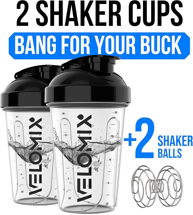 VELOMIX 2 Pack 20oz Protein Shaker Bottle for Protein Mixes, Clear Prime | 2x Wire Whisk, Leak Proof Shaker Cups for Protein Shakes, Stackable, Dishwasher safe, BPA free, Pre Workout and Gym ready