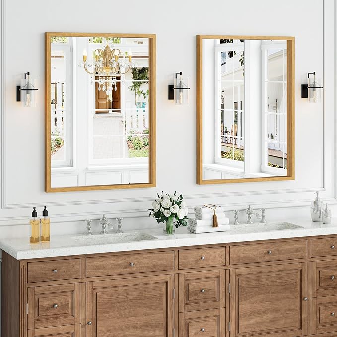 Syndra Natural Wood Frame Bathroom Mirror, 30x40'' Modern Vanity Mirror for Wall, Waterproof Slim Deep Frame, Rectangular HD Tempered Glass Mirror for Living Room, Bedroom, Entryway, Rustic, Farmhouse