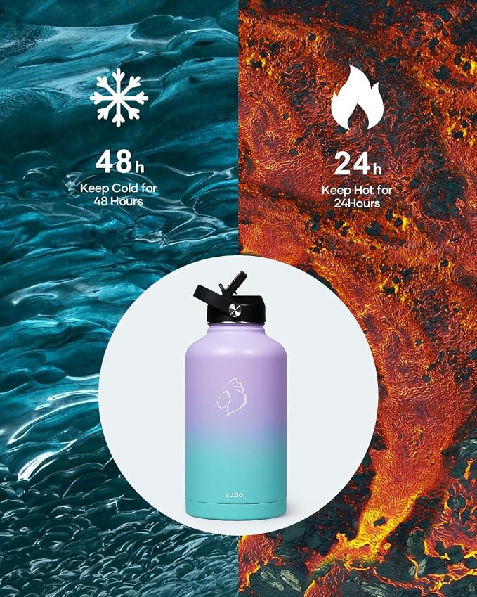 BUZIO 64 oz Insulated Stainless Steel Water Bottle with Dust-proof Lids | Half Gallon Water Jug (Dishwasher Safe), Cold for 48 Hrs, Triple Wall with Copper Plating, for Gym, Hiking, Camping, Black