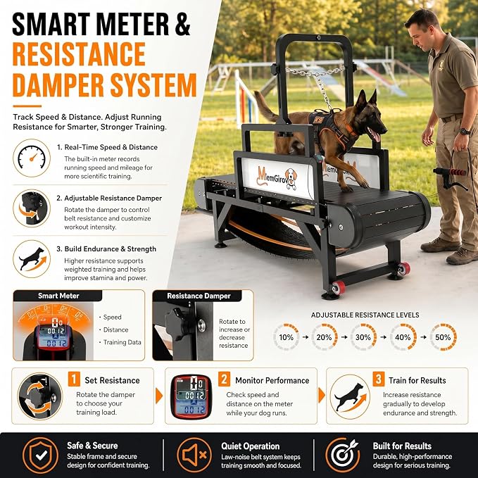 Dog Treadmill with Pin-Hinged Track & 3-Layer Shock Absorption | Waterproof dirt-resistant slats, secure disc brake lock, speed monitor, quiet wheels for indoor outdoor large pet cardio.