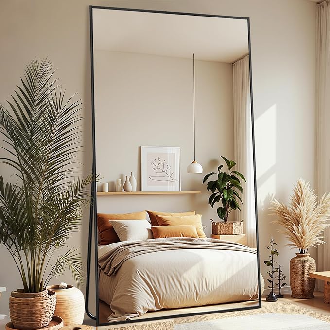 Full-Length Floor Mirror with Stand, 78"x38" Rectangle Style Full Body Standing Mirror for Bedroom, Living Room, Gym, Dorm - Shatter-Resistant & Easy Assembly, Black