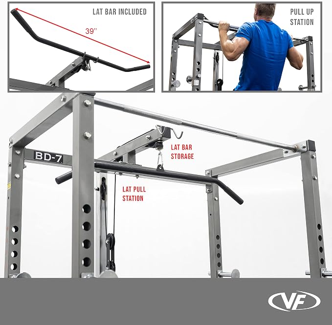 Valor Fitness Power Rack - Squat Rack and Bench Press Power Cage with LAT Pulldown Attachment 2" x 2" Frame - Workout Rack Bundle Options for Complete Weightlifting Home Gym