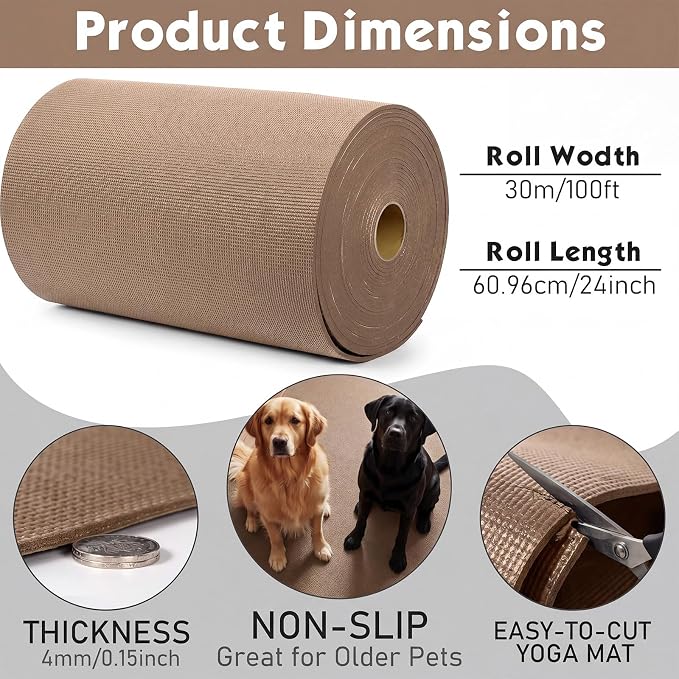 Nuanchu Yoga Mat Roll 24 inch Width, 4mm Thick Non Slip Exercise Mat, Large Anti Tear Gym Flooring for Home Workout, Fitness, Senior Dog Floor Protection