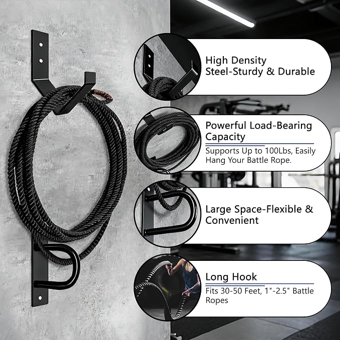 dreamdragon Battle Rope Wall Mount Kit, 1 Battle Rope Wall Anchor and 1 Storage Hook for 30-50 Ft, 1"-2.5" Heavy Duty Battle Rope Wall Anchor with Storage Hook for Home and Gym Use