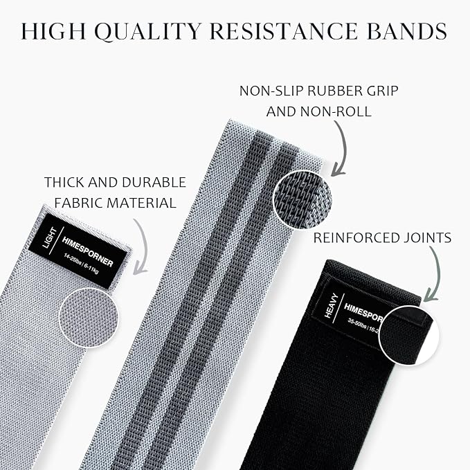 HIMESPORNER Wide Fabric Resistance Bands for Working Out 3 Level | Non-Slip Exercise Booty Bands for Women Men Leg Glutes with Hair Ties and Tape Measure - for Home Gym Workout, Yoga, Pilates