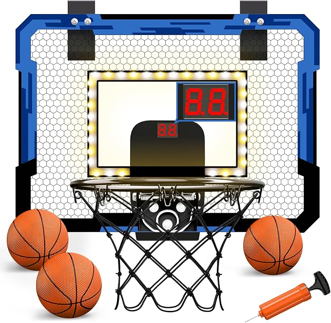QDRAGON Mini Basketball Hoop with Scoreboard & LED Lighting | Over The Door Indoor, with 3 Balls/Inflator/Breakaway Rim, Basketball Toy Gifts for Kids Adults, Suit for Bedroom/Office