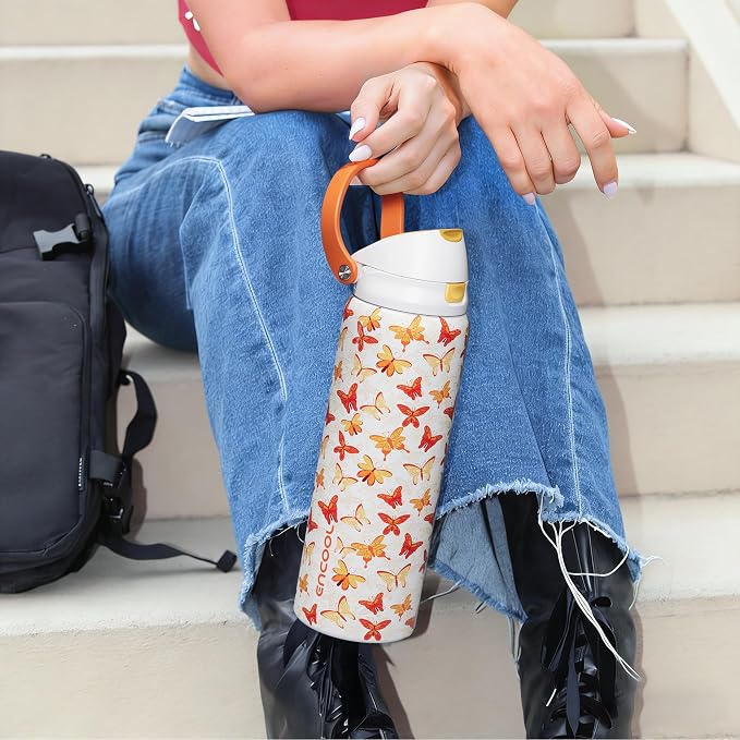 ENCOOL Leakproof Insulated Water Bottle with Straw Dual-Sip Water Bottle Bag-Safe Design for Work, Commute & Gym – Keeps Drinks Cold All Day, 32 oz, Sunset Butterflies