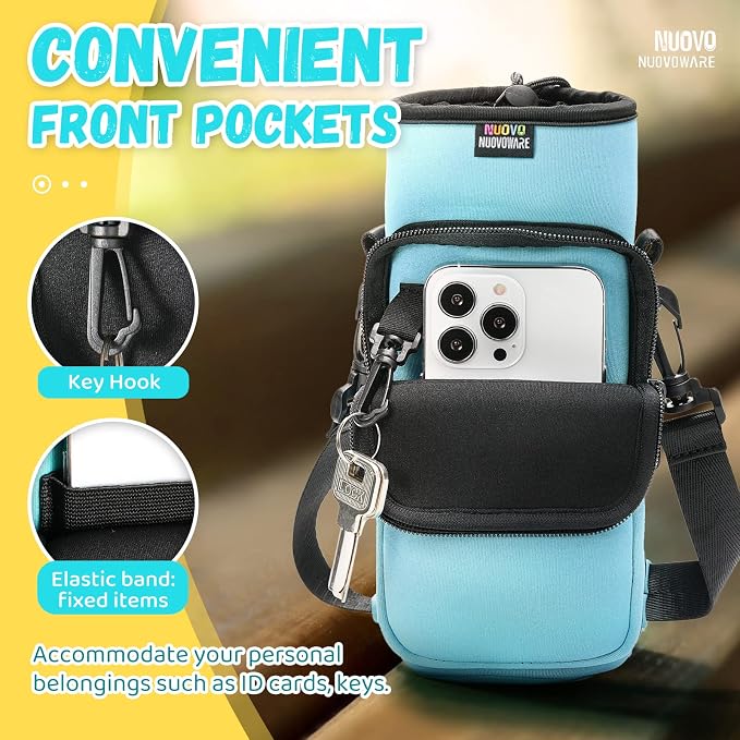 Nuovoware Water Bottle Carrier Bag, 25oz/32oz, Dusty Blue | Adjustable Shoulder Hand Strap, 2 Pocket, Neoprene Sleeve, For Hiking Travelling Camping