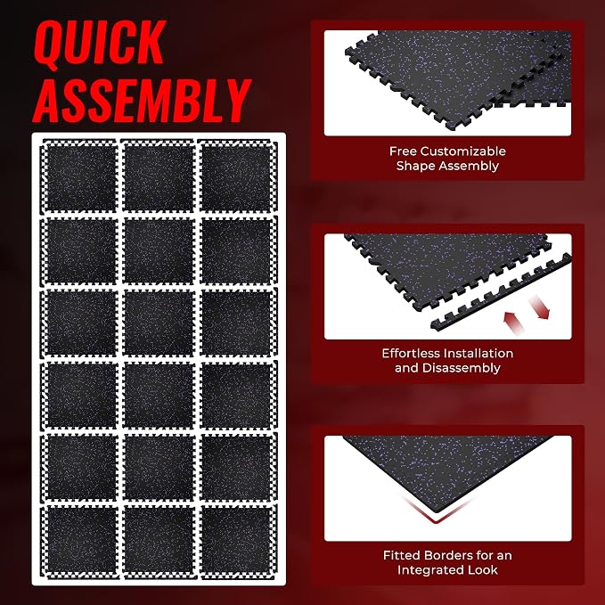SUPERJARE 0.79'' Extra-Thick Exercise Equipment Mats, 18 Pcs 72 Sq Ft Rubber Top Floor Tiles with High Density EVA Foam, Interlocking Gym Flooring for Home Gym, Protective Workout Mat, Black/Purple