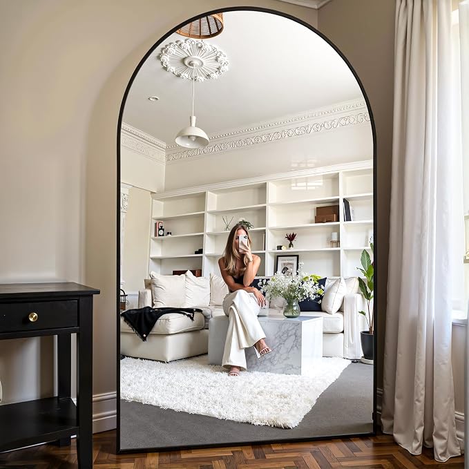 Floor Mirror, 81"x41" Oversized Full Length Mirror with Stand, Arched Full Body Mirror Standing Hanging Leaning Against Wall, Aluminum Frame Giant Mirrors for Bedroom Cloakroom, Black