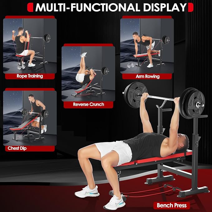 OPPSDECOR 900LBS Weight Bench Set Adjustable Workout Bench for Home Gym | Bench Press, Incline Press, Squat Rack, Leg Developer, Preacher Curl Pad, Fits 6-7ft Barbells, 2-Second Fold, 38-in Rear Rack