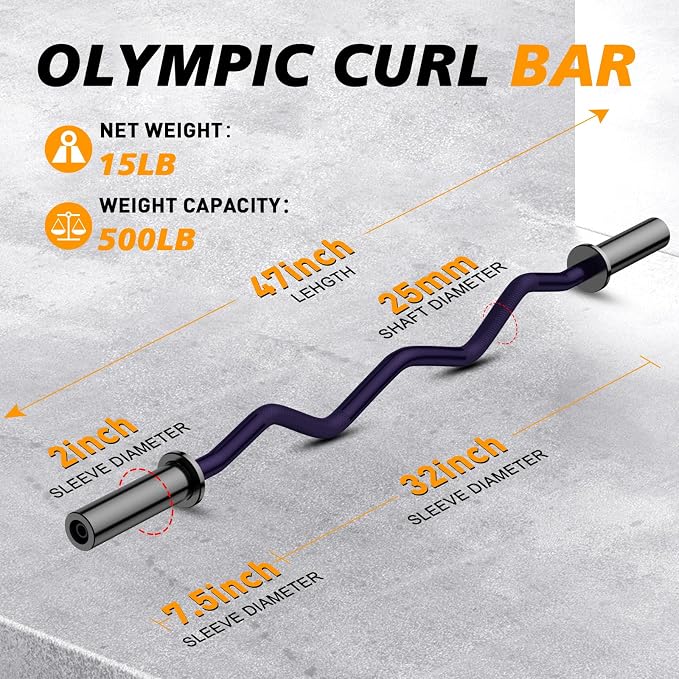 Olympic EZ Curl Barbell Bar 47", 2-Inch Curl Bars for Weight Lifting | Hip Thrusts,Squat,Biceps-Home Gym Chrome Curling Bar for 2 Inch Weight Plates -2 Spring Collars(500lb Weight Capacity)