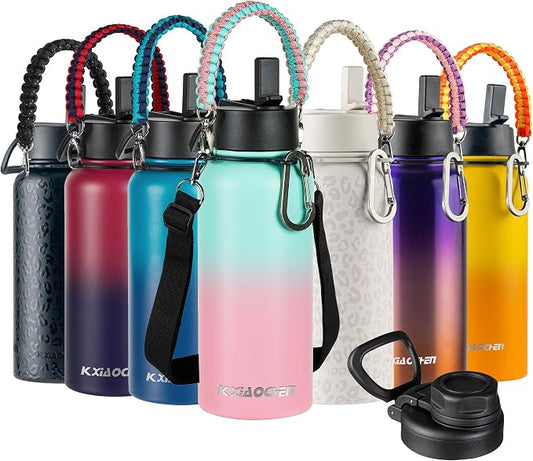 KXIAOCHEN Insulated Water Bottle with Strap, 48-Hour Cold, 2 Lids | Triple-wall insulation, lead-free 18/8 Stainless steel, paracord handle, carabiner clip, for gym, hiking, camping and travel