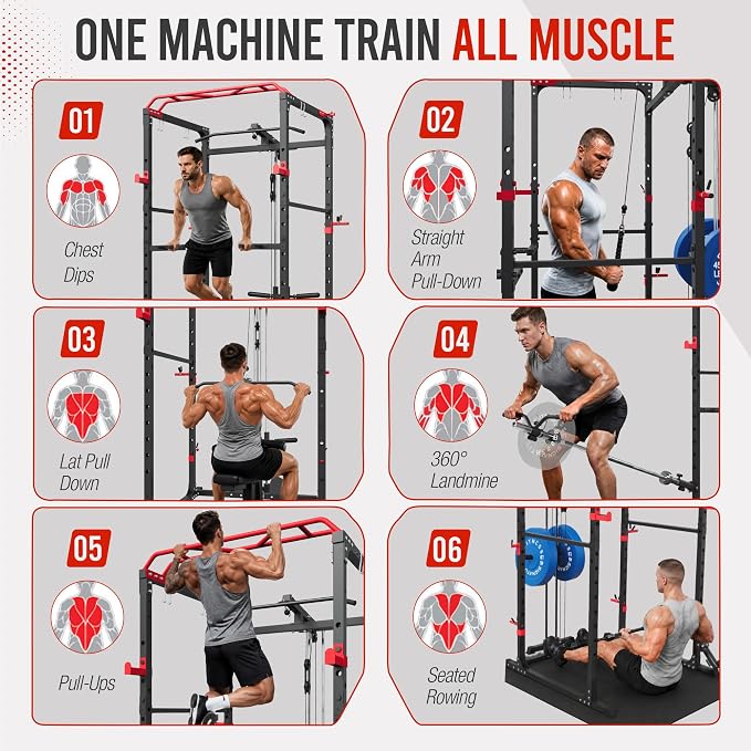 HulkFit Power Rack, Multi-Function Squat Rack with LAT Pull Down, Power Cage with Pulley System, Strength Training Home Gym Equipment with Workout Equipment Attachments, Cable Machine for Home Gym