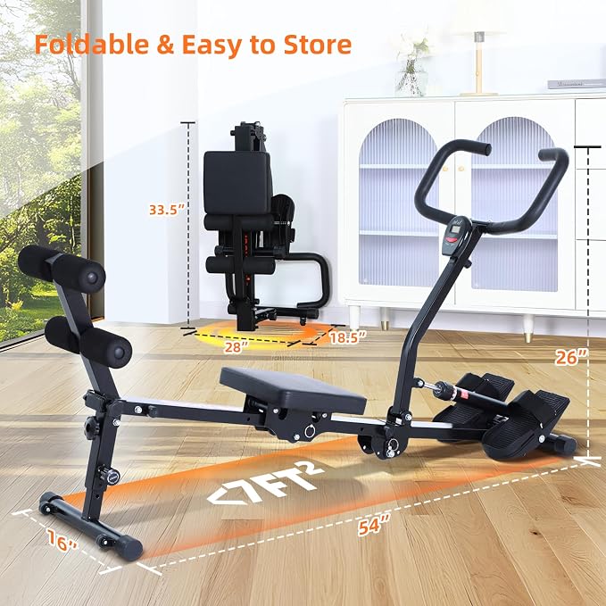 Sportneer Foldable Hydraulic Rowing Machine, 12-Level Home Gym Rower, Black | Multi Functional Row Machine with Transport Casters, Backrest, and 297lbs Max Weight Load