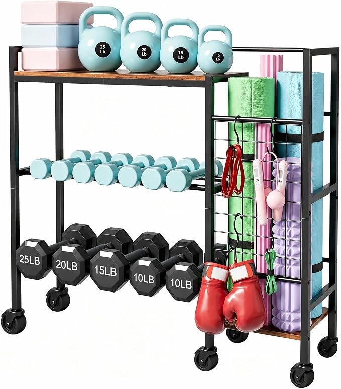 HavenlyYouth Dumbbell Rack, Home Gym Weight Rack Storage, Adjustable Dumbbell Stand Organizer with Wheels, Holds Dumbbells, Kettlebells, Yoga Mats
