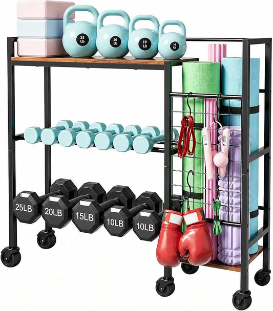 HavenlyYouth Dumbbell Rack, Home Gym Weight Rack Storage, Adjustable Dumbbell Stand Organizer with Wheels, Holds Dumbbells, Kettlebells, Yoga Mats
