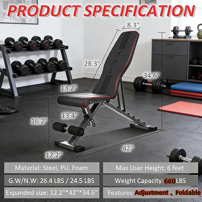 Weight Bench, Foldable Weight Benches for Home Gym with 660 LBS, Adjustable Weight Bench with 72 Training Angles, Incline Bench Press for Full Body