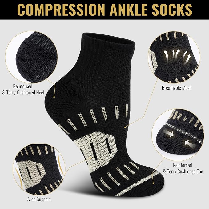 6 Pairs Copper Ankle Compression Socks for Men and Women | Copper Graduated Compression Socks with Terry Cushioning and Arch Support, Breathable Mesh Design, Machine Washable