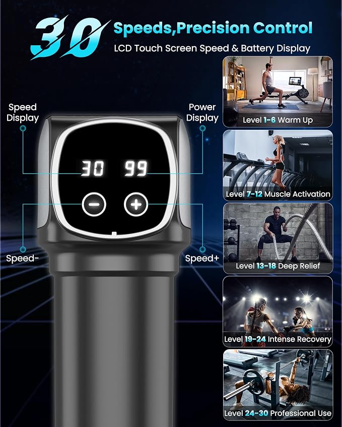 Massage Gun Deep Tissue, Handheld Percussion Muscle Massager for Back | Back Massage for Athletes for Pain Relief,Neck & Shoulder Massager with 30 Speed Levels & 6 Massage Heads,Gift for Men Women