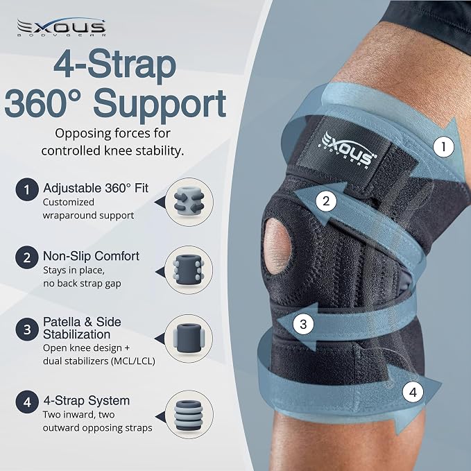 Knee Brace for Women & Men, Knee Support for Men – Patented 4-Way Adjustable Wraparound Support, Dual Side Stabilizer for Patella Stability