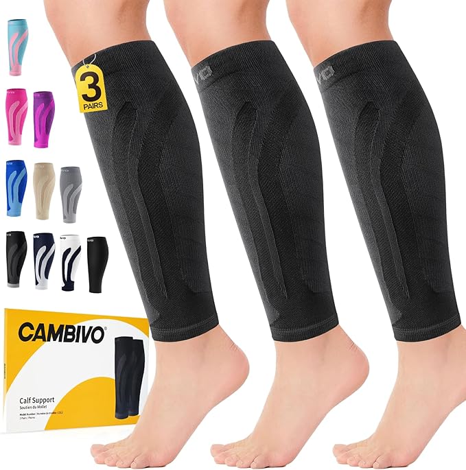 CAMBIVO Calf Compression Sleeve for Shin Splints & Running Support-3 Pairs | Leg sleeves for men & women, 15-20mmHg footless compression socks for gym & recovery, varicose veins