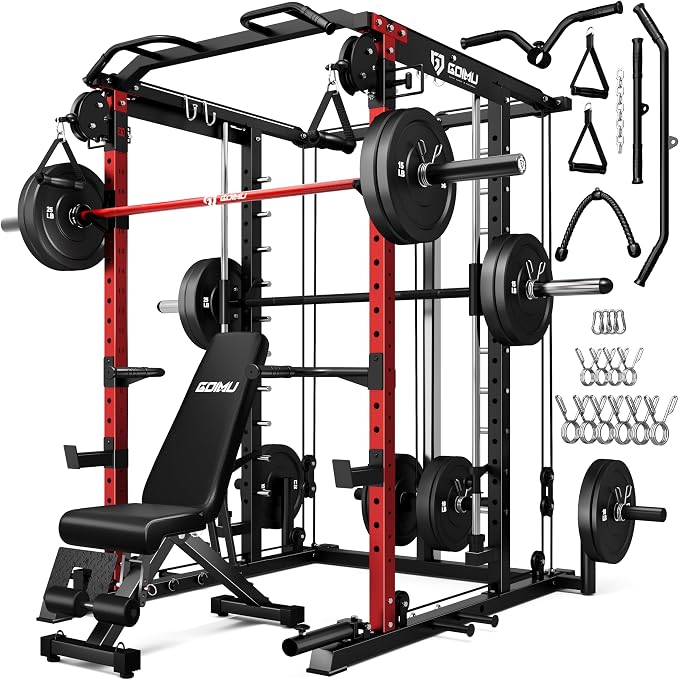 S1-V4 Smith Machine, 2000LBS Power Cage with Cable Crossover System, All-in-One Squat Rack with Smith Bar, Strength Training Equipment for Home Gym