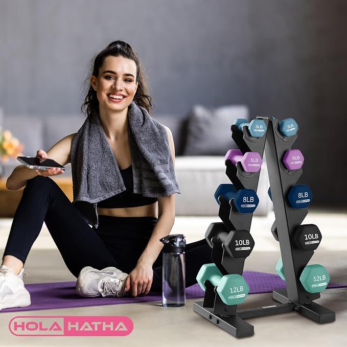 HolaHatha 1, 2 and 3 lb Neoprene Dumbbell Strength Training Weight Set with Rack