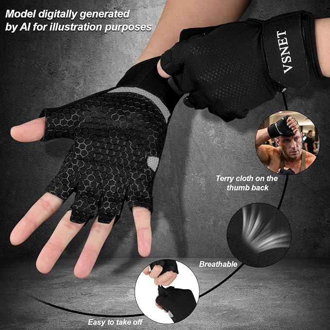 Half-Finger Sports Gloves, Black. Made of Neoprene Material, Feature Honeycomb Silicone Non-Slip Design on the Palm with Wrist Support. Suitable for Gym Training, Cycling and Weightlifting