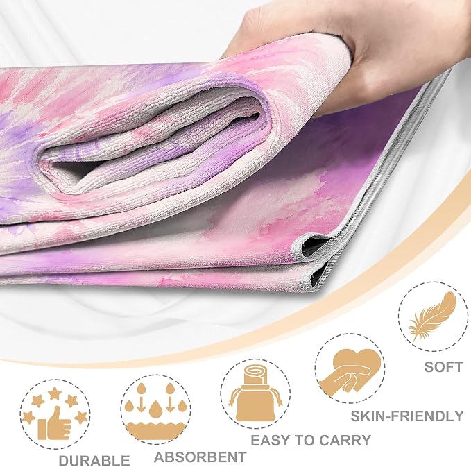 Yoga Mat Towel Non Slip Ultra-Absorbent Hot Yoga Towel, Super Stylish Printed Sweat Hot Yoga Towel, Ideal for Home, Workouts, Pilates, Yoga, 72 x 27in, Purple & Pink Tie Dye