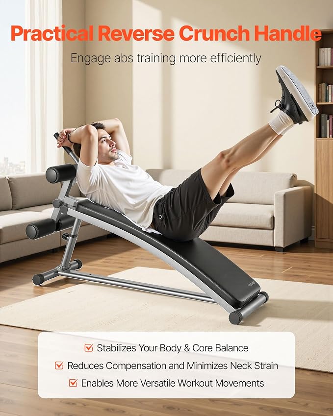 VEVOR Sit Up Bench, Curved Decline Ab Bench with Reverse Crunch Handle, with 6 Adjustable Height Setting, Heavy Duty Steel, 600 Lbs Capacity for Home Gym Workouts, Strength Training, Full Body Muscles
