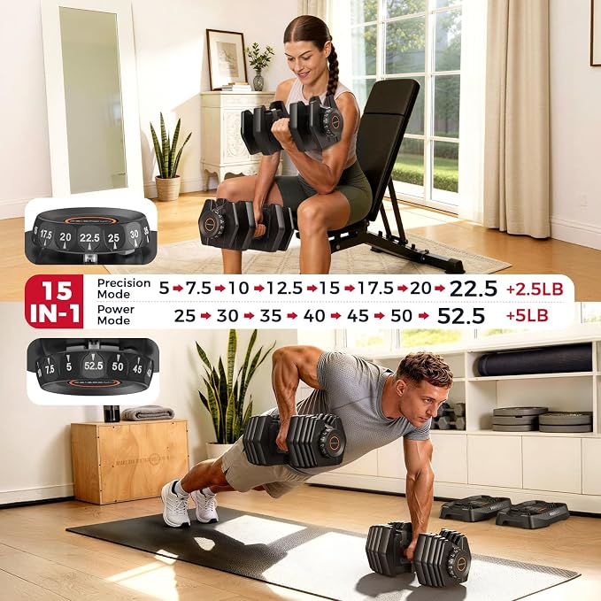 FEIERDUN DB1 QuickDial Adjustable Dumbbell Set, 15-in-1 Adjustable Weights with Storage Box & App, 105lb/52.5lb Quick Change for Drop Set, Superset & HIIT Home Gym, Non-Slip Handles, 3-year Aftersale Service