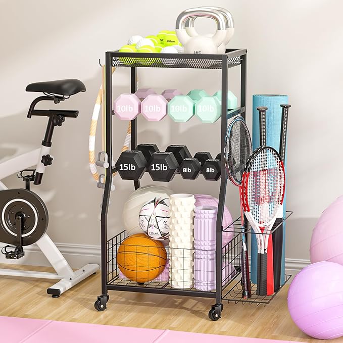 Home Gym Storage Rack, Dumbbell Rack with Yoga Mat Storage, Weight Rack Stand with Lockable Wheels and Hooks, Home Workout Equipment Organizer for Yoga, Dumbbell, Kettlebells, Ball Storage