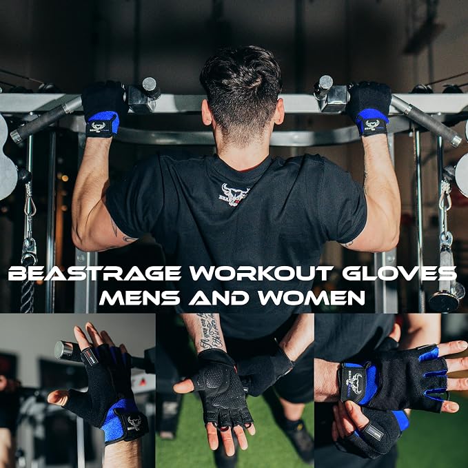 BEAST RAGE Workout Gloves for Men, Durable Palm Grip Gym Gloves Women Half Finger Elasticated Training Weight Lifting Strength Bodybuilding Anti Slip Cycling Gloves Exercise